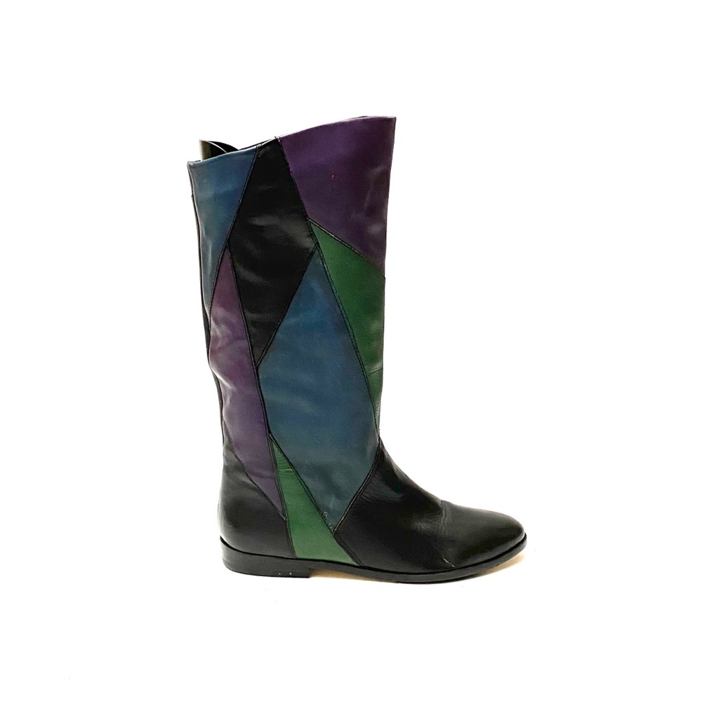 Multicolor Patchwork Leather Mid-Calf Heeled Boot - Black, Purple, Blue, Green